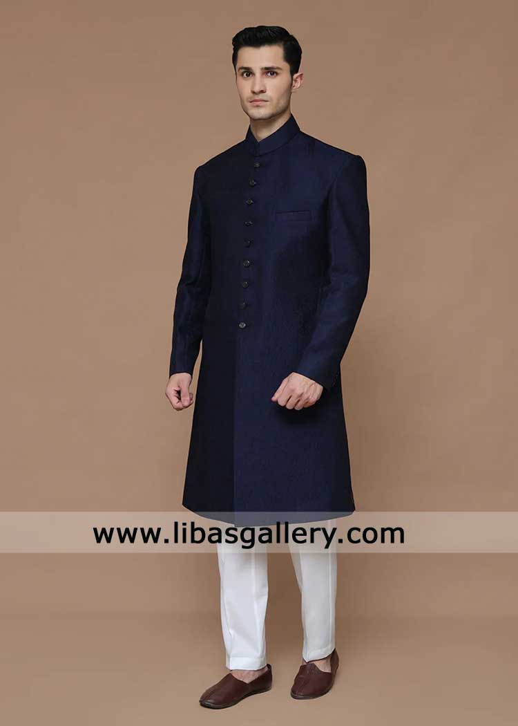 Blue Karandi Jamawar Plain Groom Sherwani for Nikah- California USA Blue Karandi Jamawar Plain Groom Sherwani for Nikah- California USA