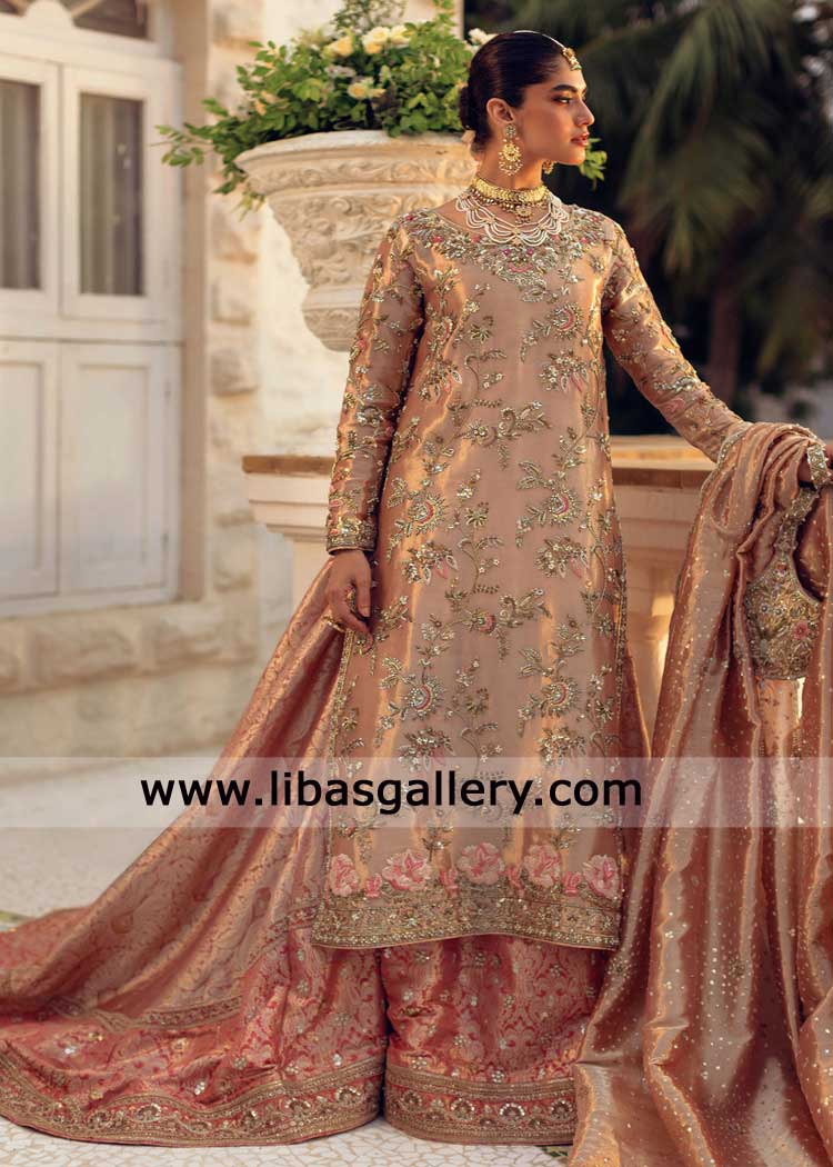 luxury bridal dress blush gold USA with brocade lehenga hand work