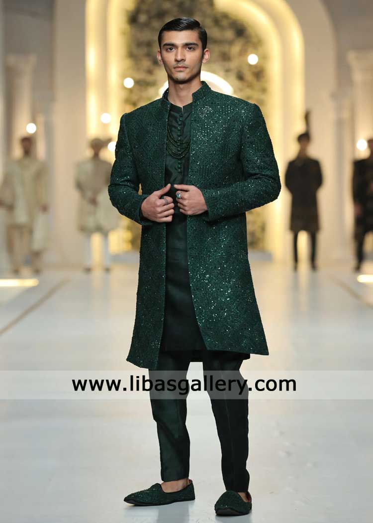 Bottle Green Luxury Pakistani Sherwani for Groom | Hand Embroidered