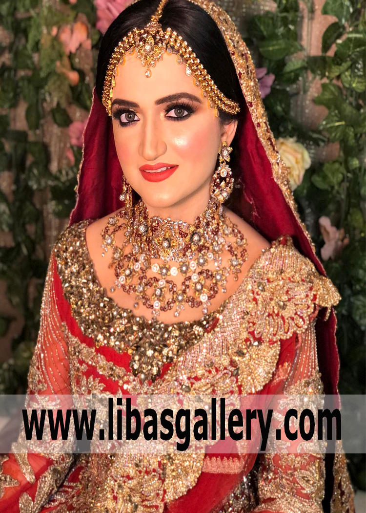 gold plated nikah walima bridal jewelry set custom made including choker necklace earrings head piece and Tika uk usa qatar dubai