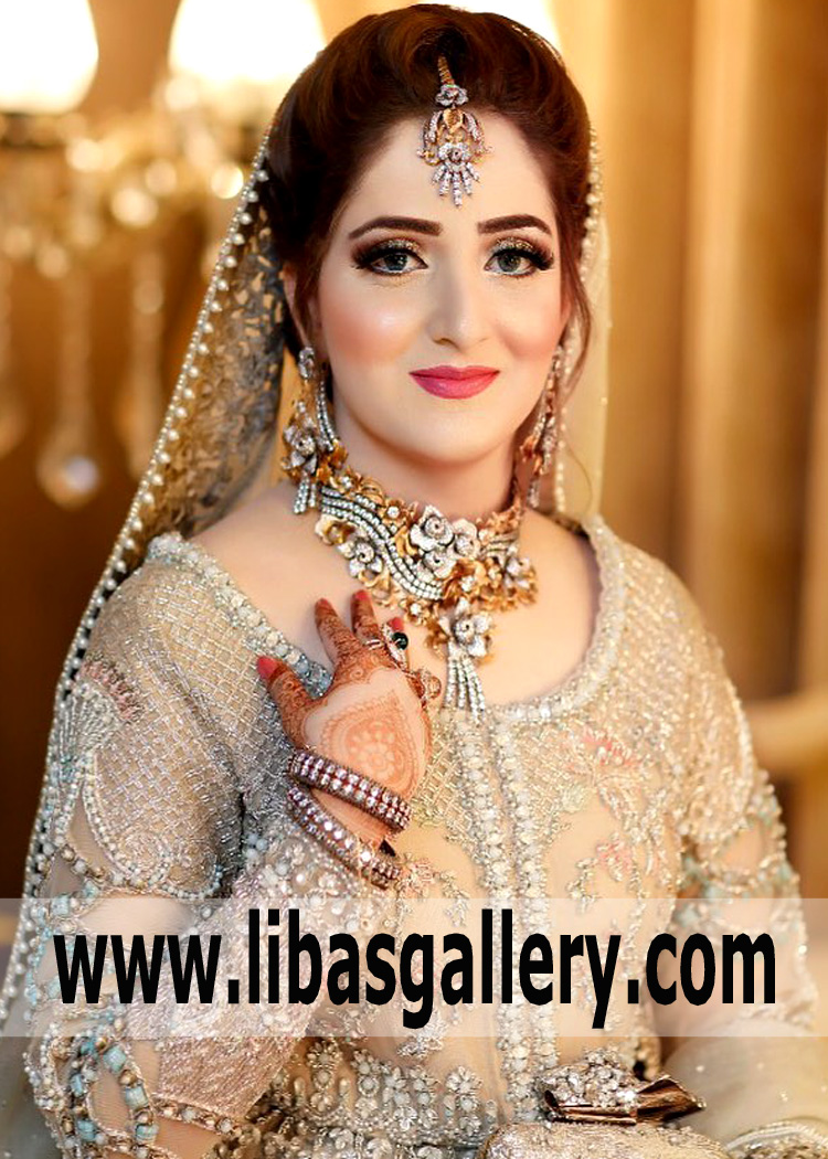 pretty bride ready for going to wedding hall for nikah time in bridal jewellery set including necklace earrings tika london toronto new york 