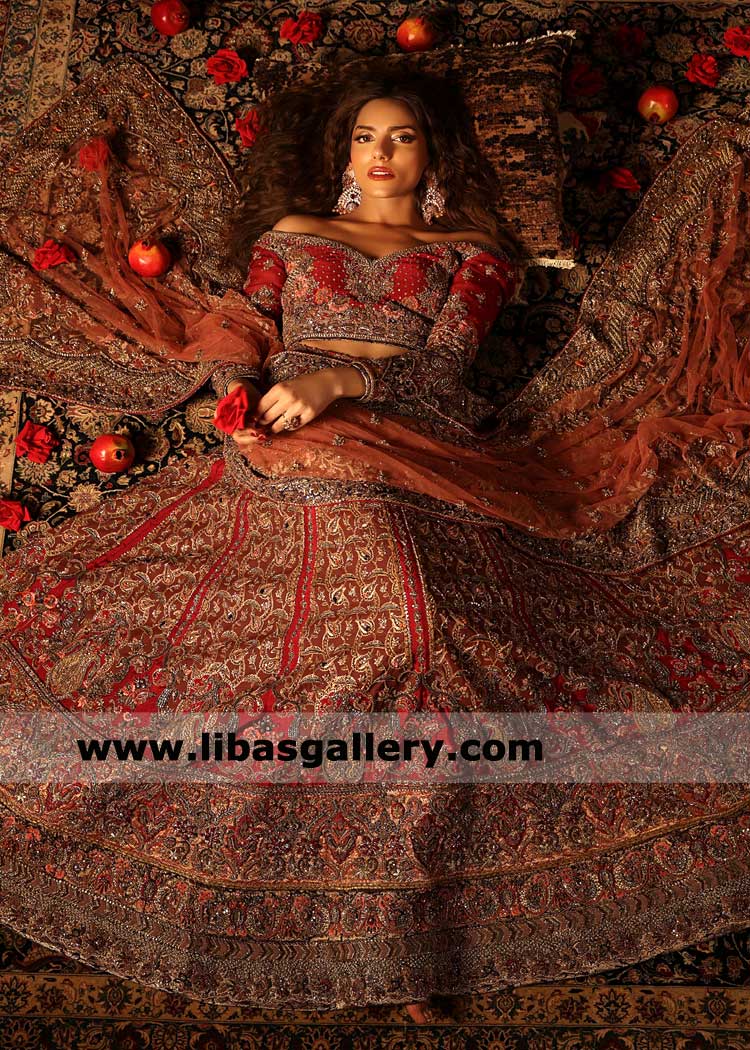 Bridal Paneled Lehenga Choli in red with antique gold work and ornate Dupatta Borders Raqs e Gul New York California Florida USA
