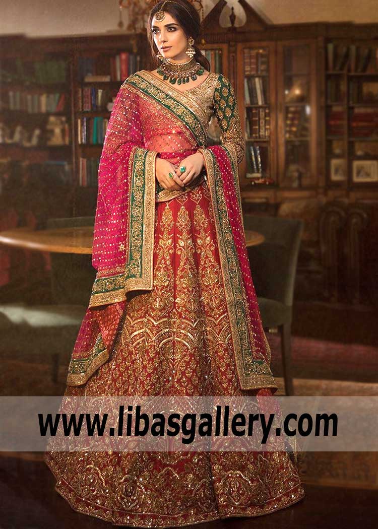 red green bridal lehenga