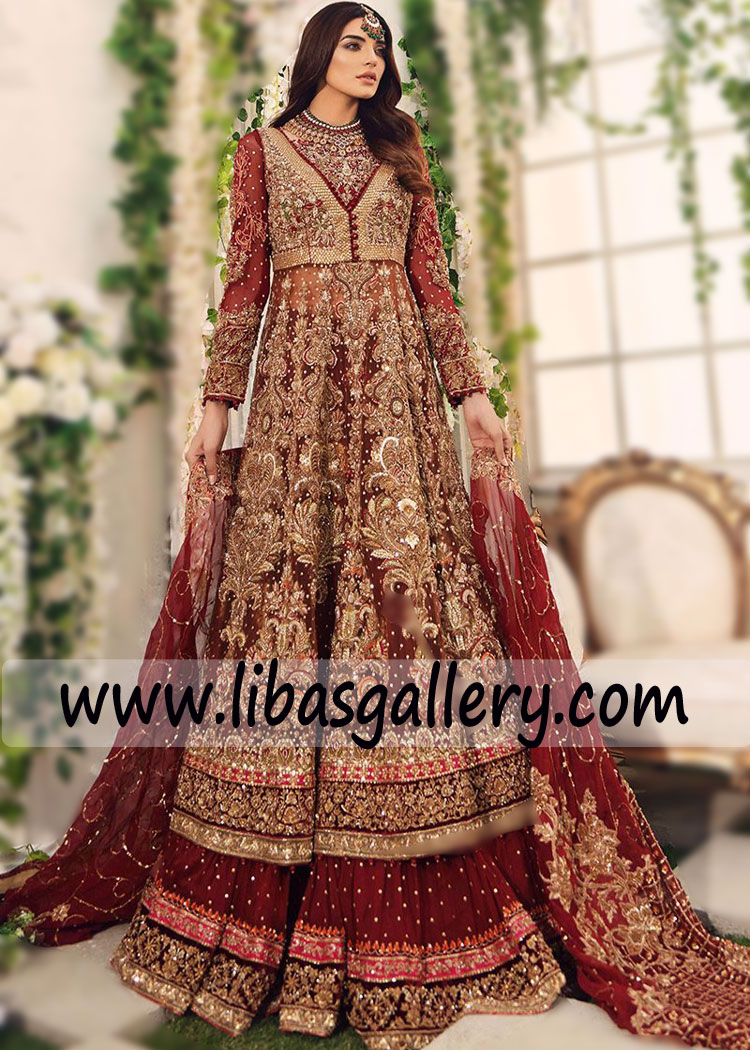 Rust bridal gown with heavily embellished front and maroon jamawar ...