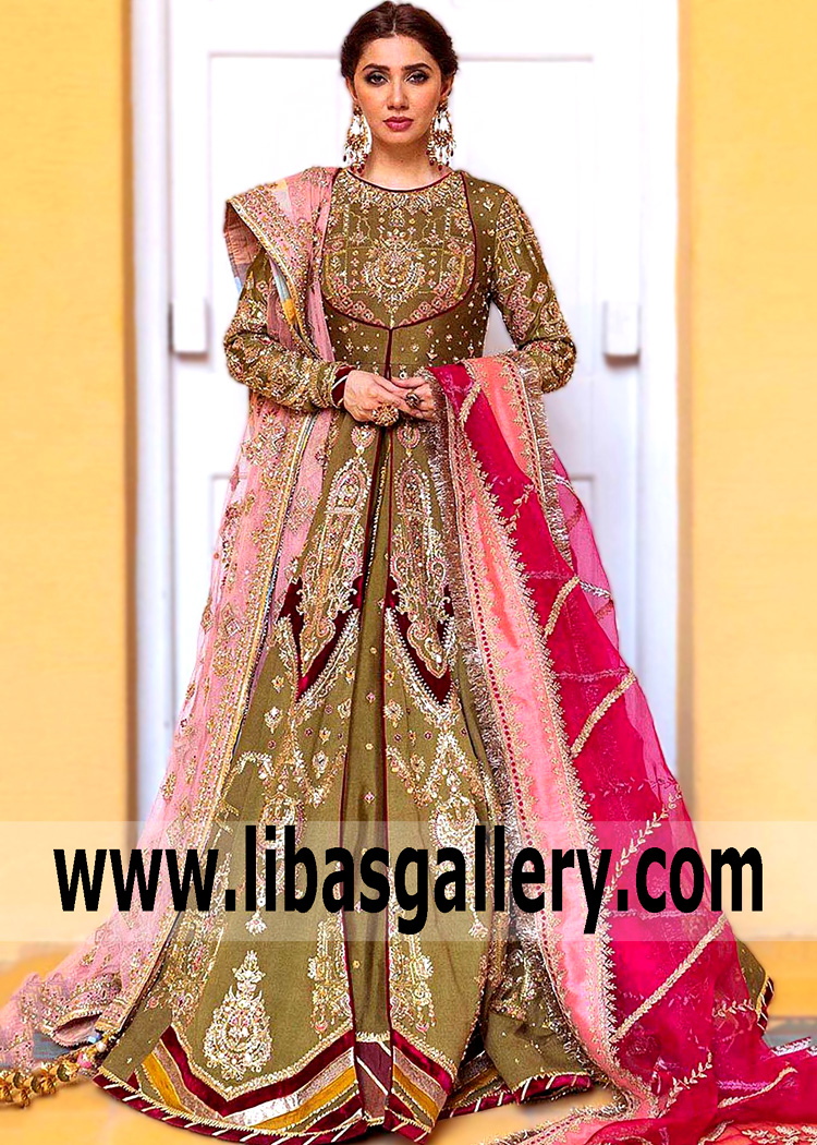 Anarkali Peshwas Bridal Dress Wedding Day Mohsin Naveed Ranjha Silk Multi Colour Anarkali Dresses UK USA CANADA AUSTRALIA