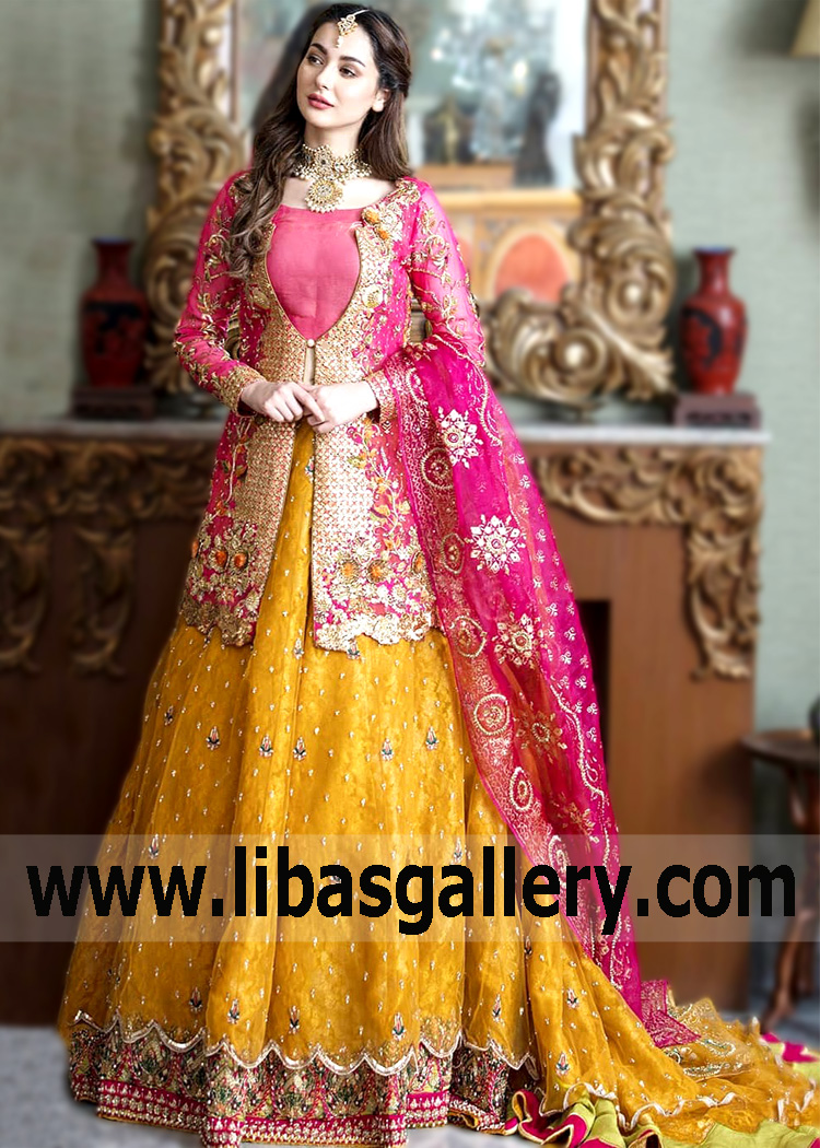 Latest Asifa and Nabeel Bridal Mehndi Dresses Texas USA Designer Bridal Peplum Lehenga with Price