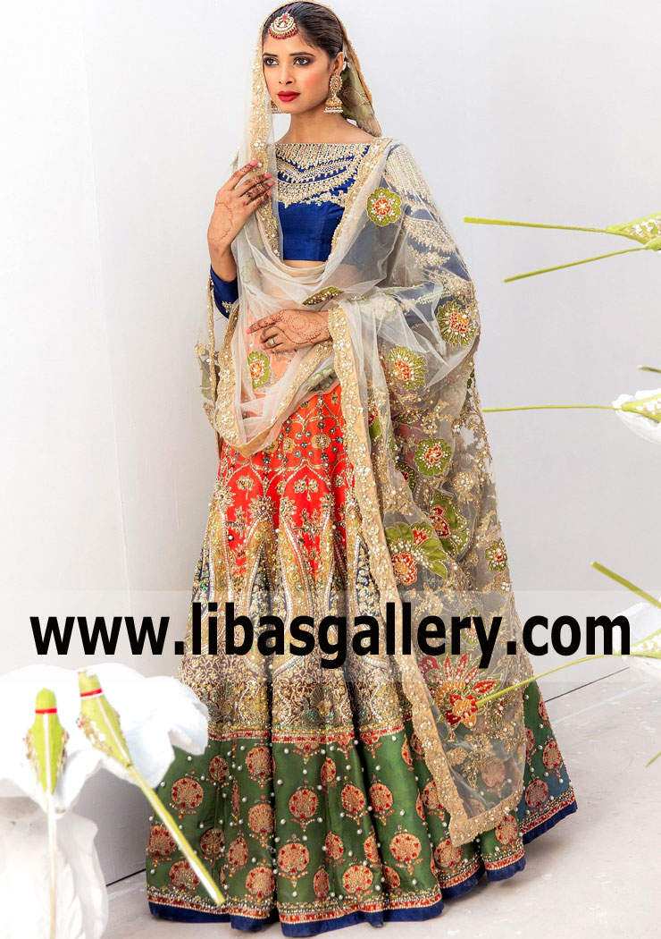 blue and red bridal dress pakistani