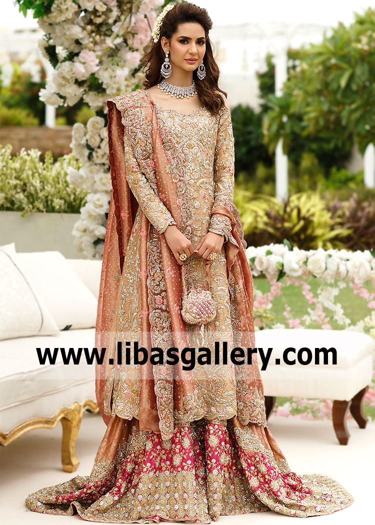 Buy Latest Wedding Lehenga Dresses UK USA Canada Australia Farah Talib Aziz Wedding Dresses Rose Gold Farshi Lehenga