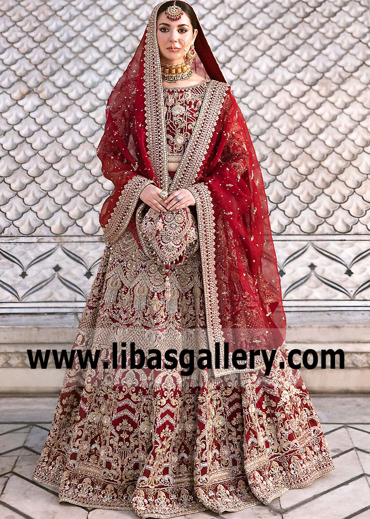 Deep Red Lehenga Bridal Choli Soho Road London UK Hania Aamir Barat Dress for Modern Bride