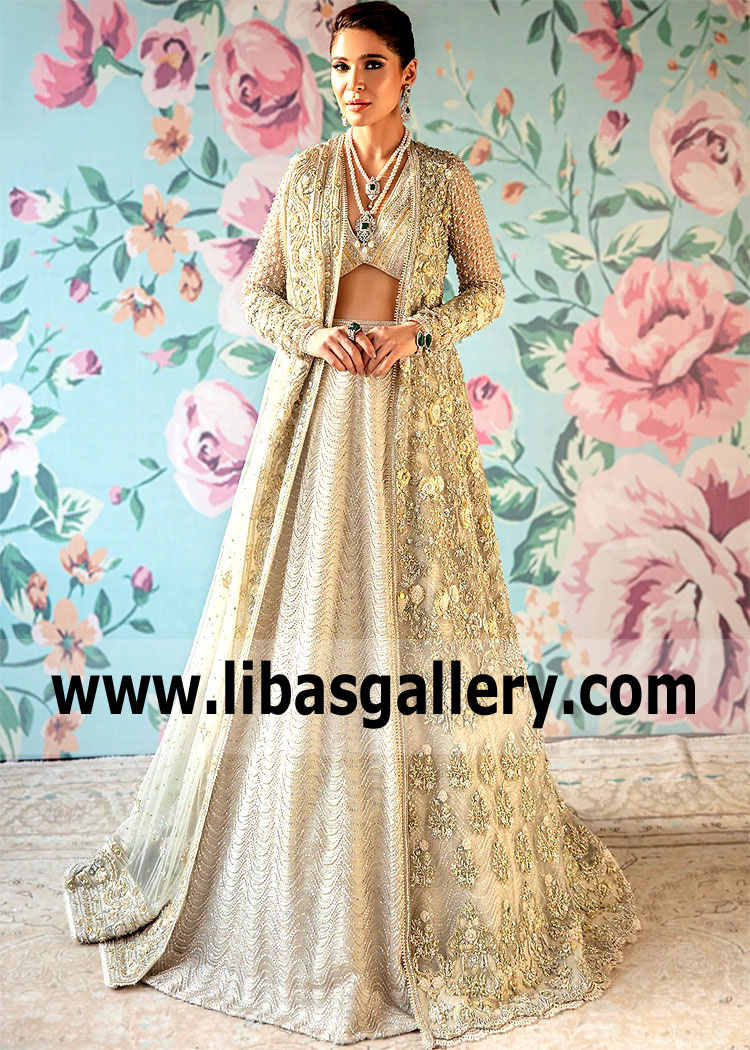 Saira Shakira Jacket Gown Dammam Saudi Arabia Bridal Dresses Wedding Gowns with Lehenga