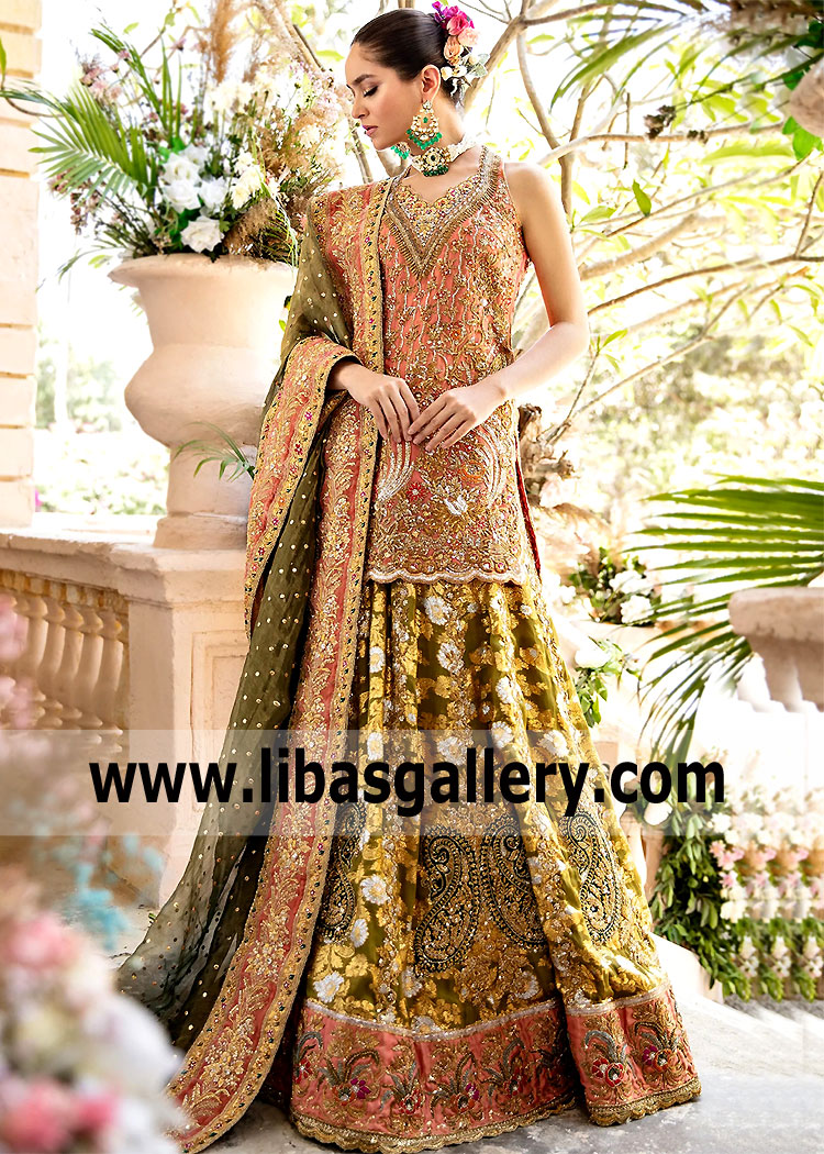 Pakistani Bridal Lehenga Mehndi Collection Williston Park New York USA Tena Durrani Bridal Lehenga Outlet