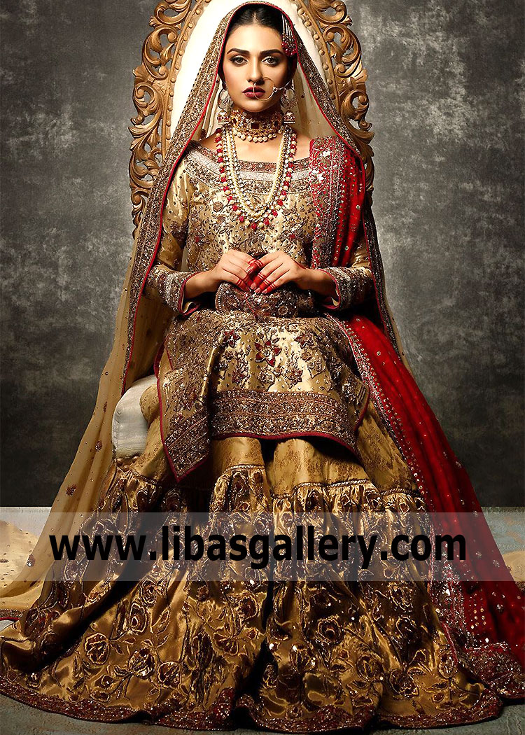 Traditional Pakistani Bridal Dress In Golden Gharara Style for Wedding Walima Reception
