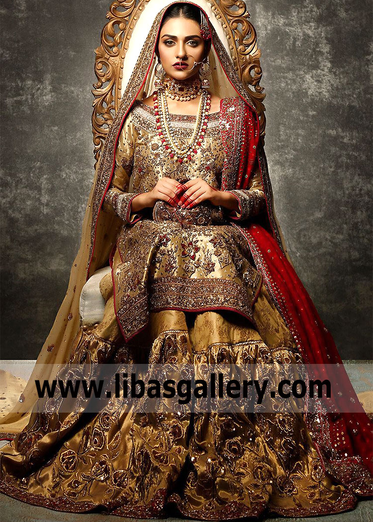 Traditional Pakistani Bridal Dress In Golden Gharara Style for Wedding Walima Reception Traditional Pakistani Bridal Dress In Golden Gharara Style for Wedding Walima Reception