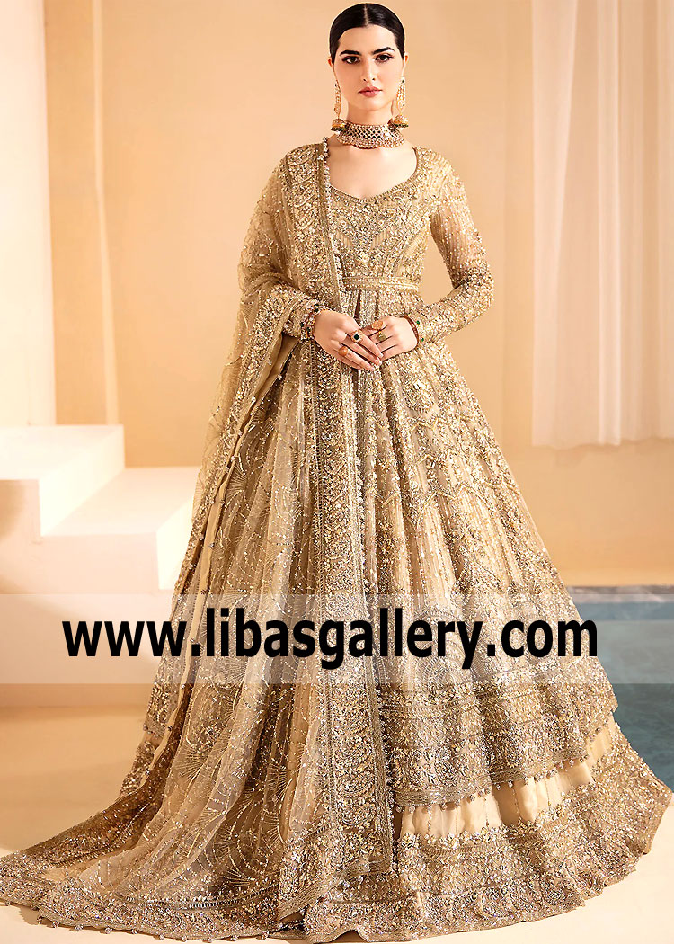 Latest Golden Pakistani Bridal Dress, Best Gold Wedding Dresses for a Unique Bridal Look UK USA Canada