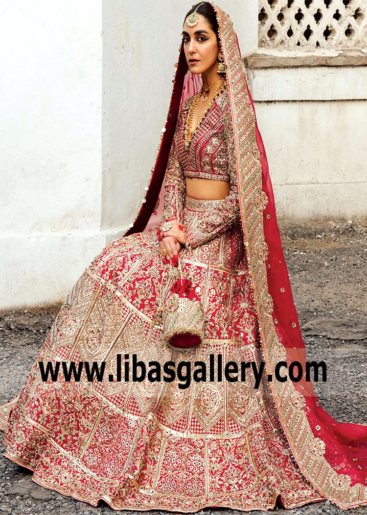 Hussain Rehar | Traditional Lehenga Choli Embellished with Zardozi Gold Work Katy Texas USA