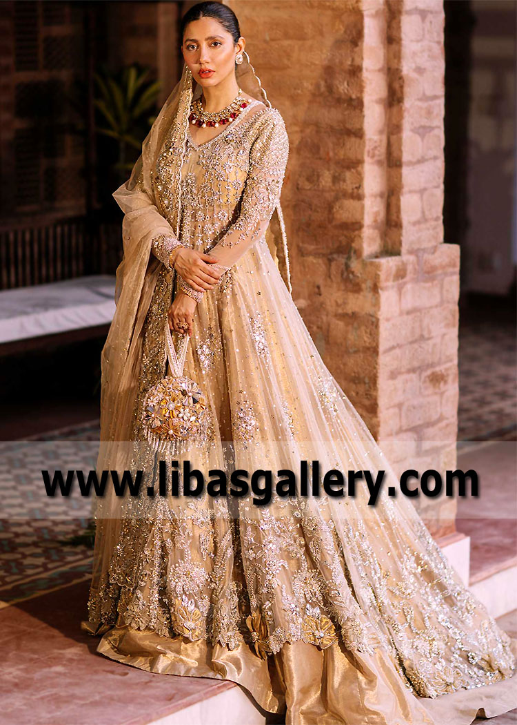 Mahira Khan Walima Bridal Dresses Pakistan Designer Sadaf Fawad Khan Gold Bridals Pishwas Lehenga Dresses
