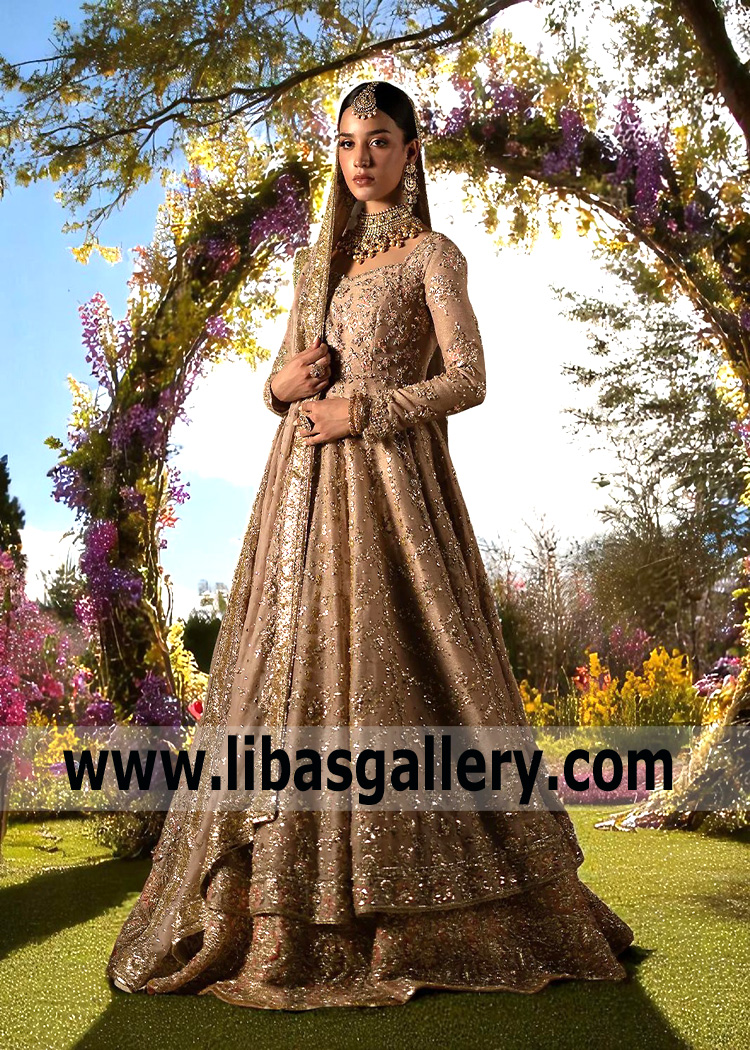 Desert Sand Bridal Pishwas Lehenga 2025 Traditional Pakistani Pishwas dresses for weddings Buy Online in USA, Canada