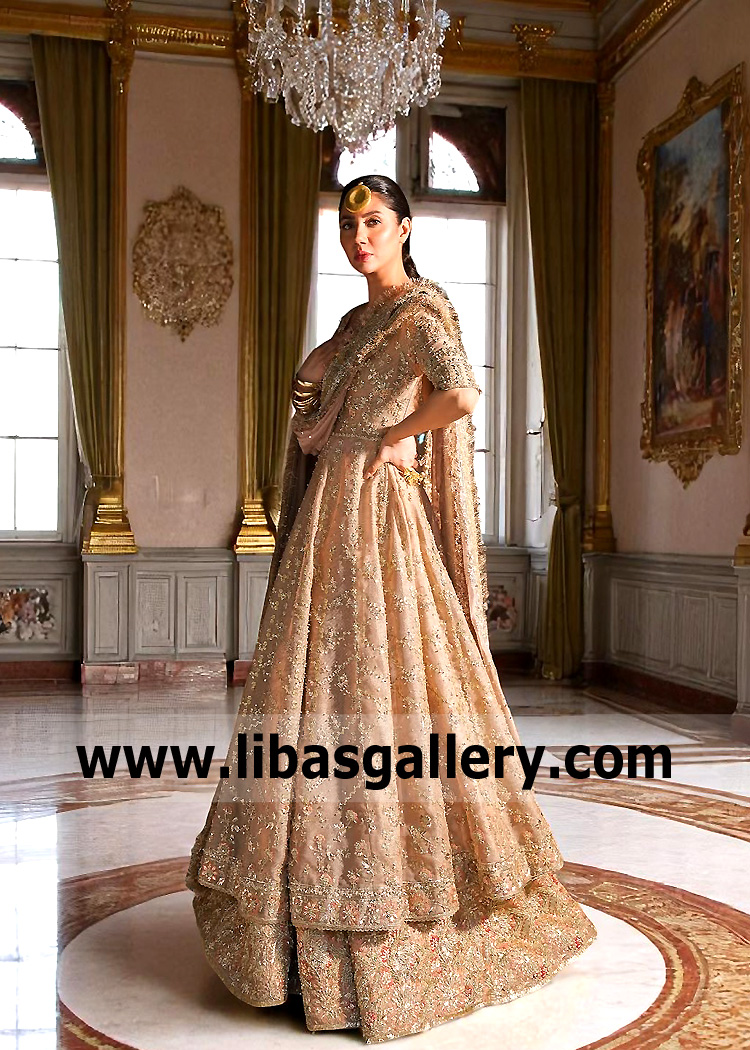 Pakistani Bridal Dress in Champagne Pink Pishwas Lehenga Style Glasgow Scotland Designer Pishwas Lehenga