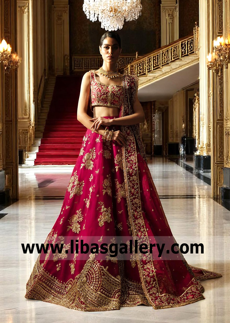 Designer Pakistani Bridal Dress in Embellished Carmine Golden Lehenga Bridal Lehenga Choli for Barat