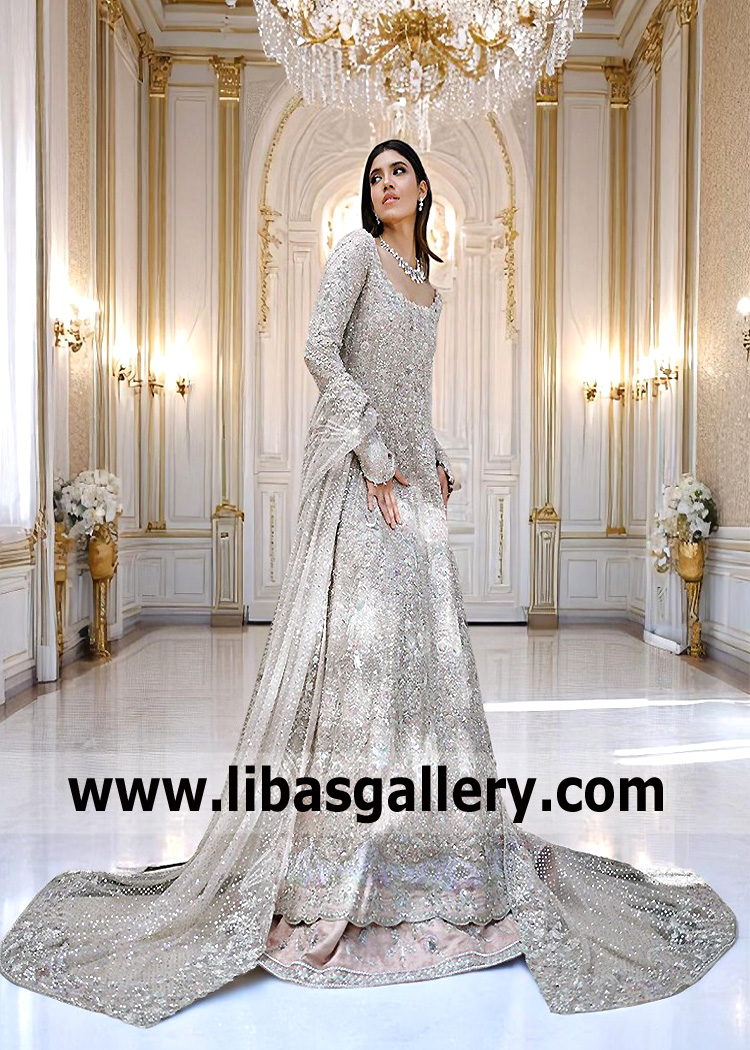 Royal Pakistani Bridal Pishwas Dress with Lavish Champagne Pink Lehenga with Long Train