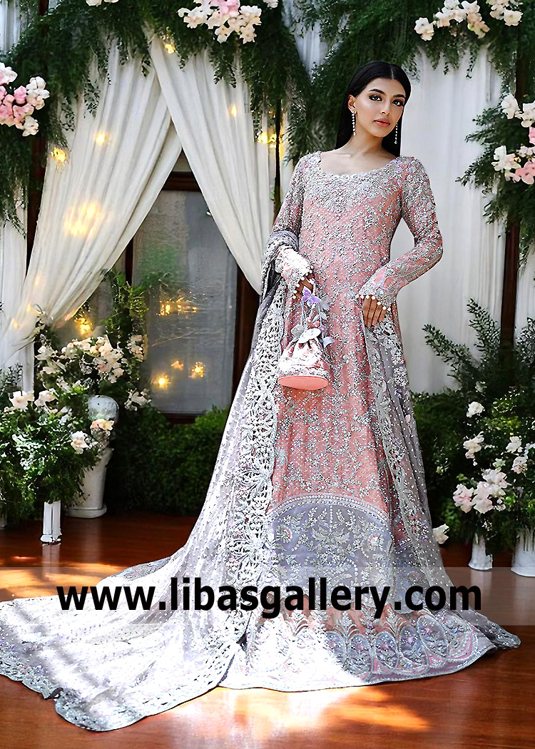 Delicate Bride In A Rose Quartz Bridal Lehenga Pishwas Dress with Beautiful Floral Embellishments, Flowing Wedding Dress