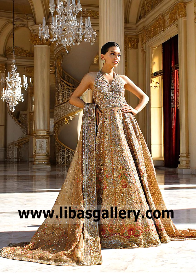 Luxury Gown for Wedding Richardson Texas Champagne Gold Wedding Gown Dress with Long Train