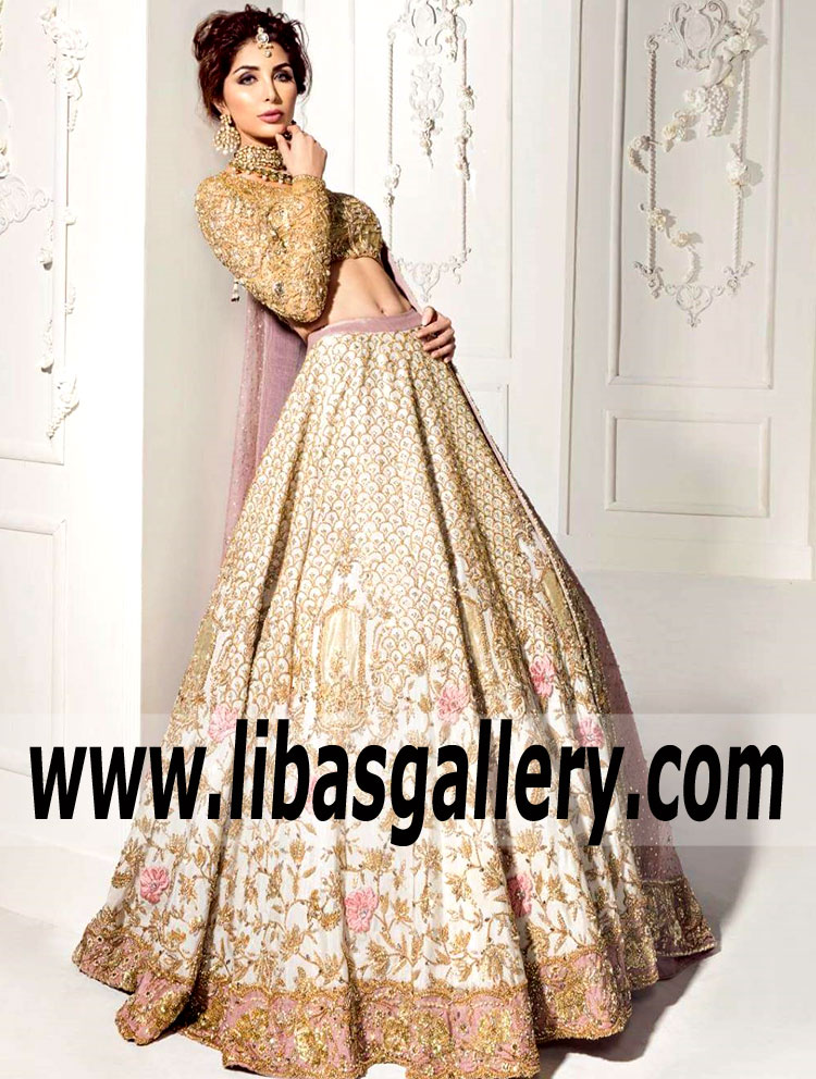 white and gold bridal lehenga