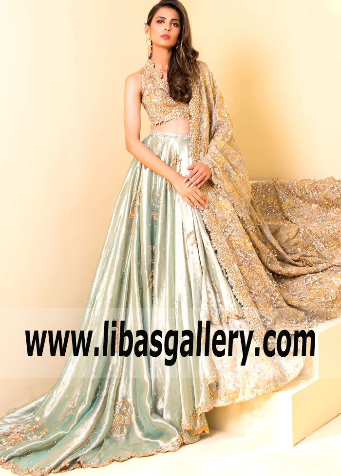 Sadaf Fawad Khan High Fashion Pale Aqua Asymmetric Wedding Lehenga 2018 Toronto, Mississauga, Vancouver, Calgary