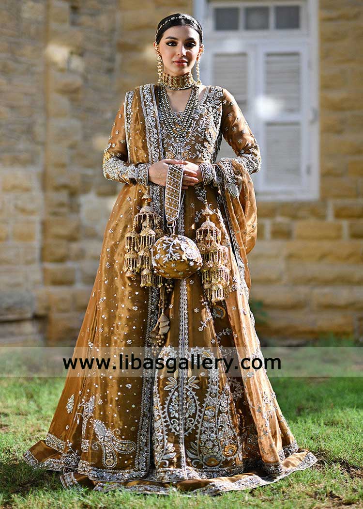 Bronze Anarkali Lamé Dress with Silver Zardozi Work - Pakistani Bridal Wear UK USA Bronze Anarkali Lamé Dress with Silver Zardozi Work - Pakistani Bridal Wear UK USA