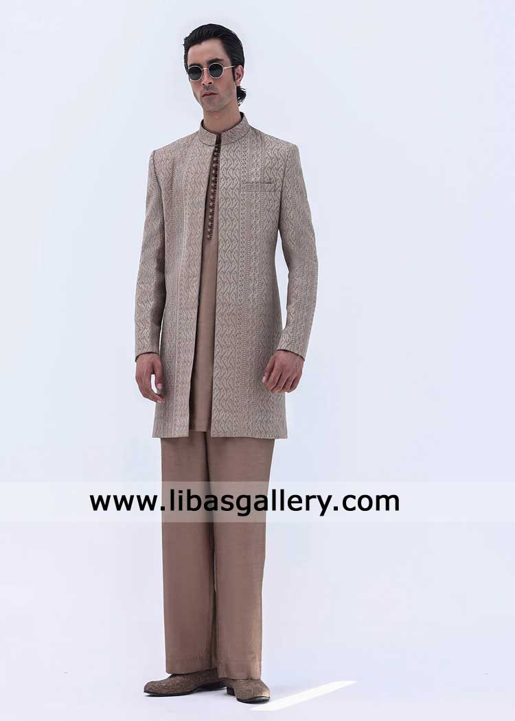 Brown Embroidered Open Sherwani for Groom | Luxury Wedding Outfit Chicago USA Brown Embroidered Open Sherwani for Groom | Luxury Wedding Outfit Chicago USA