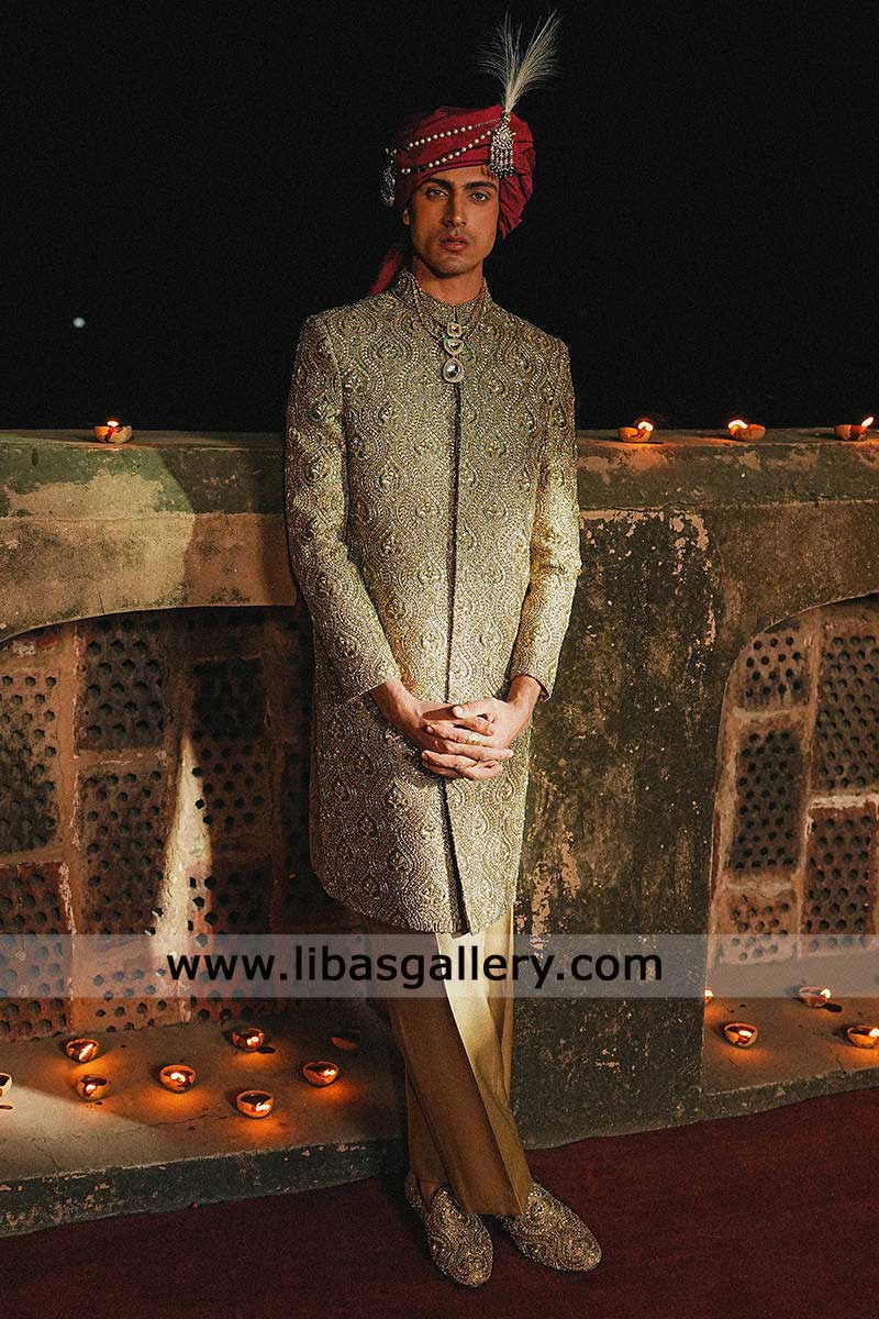 Brown Groom Nikah Sherwani with Hand Embroidery & Turban for Barat- Wedding Sherwani UK USA Canada Brown Groom Nikah Sherwani with Hand Embroidery & Turban for Barat- Wedding Sherwani UK USA Canada