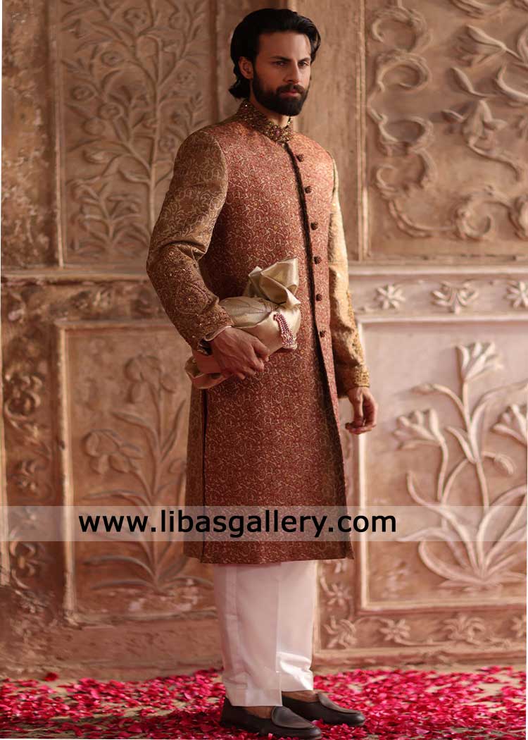 Designer Brown Jamawar Groom Sherwani for Wedding & Nikah-Sherwani Hand Embroidered Collar Button Sleeves UK USA Canada Designer Brown Jamawar Groom Sherwani for Wedding & Nikah-Sherwani Hand Embroidered Collar Button Sleeves UK USA Canada