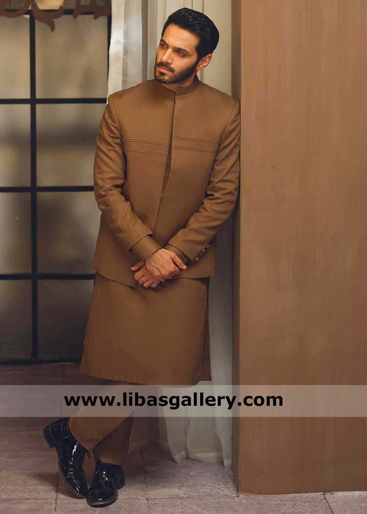 brown waistcoat for men with matching kurta shalwar, waistcoat styles, Pakistani waistcoat Germany France UK USA Australia Canada