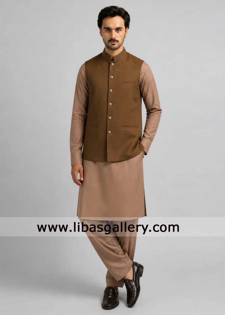 Brown sober style waistcoat for men with contrast kameez shalwar suit for party and to attend friend wedding Washington Brown sober style waistcoat for men with contrast kameez shalwar suit for party and to attend friend wedding Washington