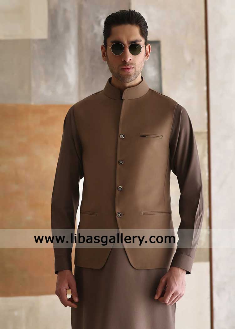 Premium Brown Waistcoat for men with 3 pockets and Kurta Shalwar