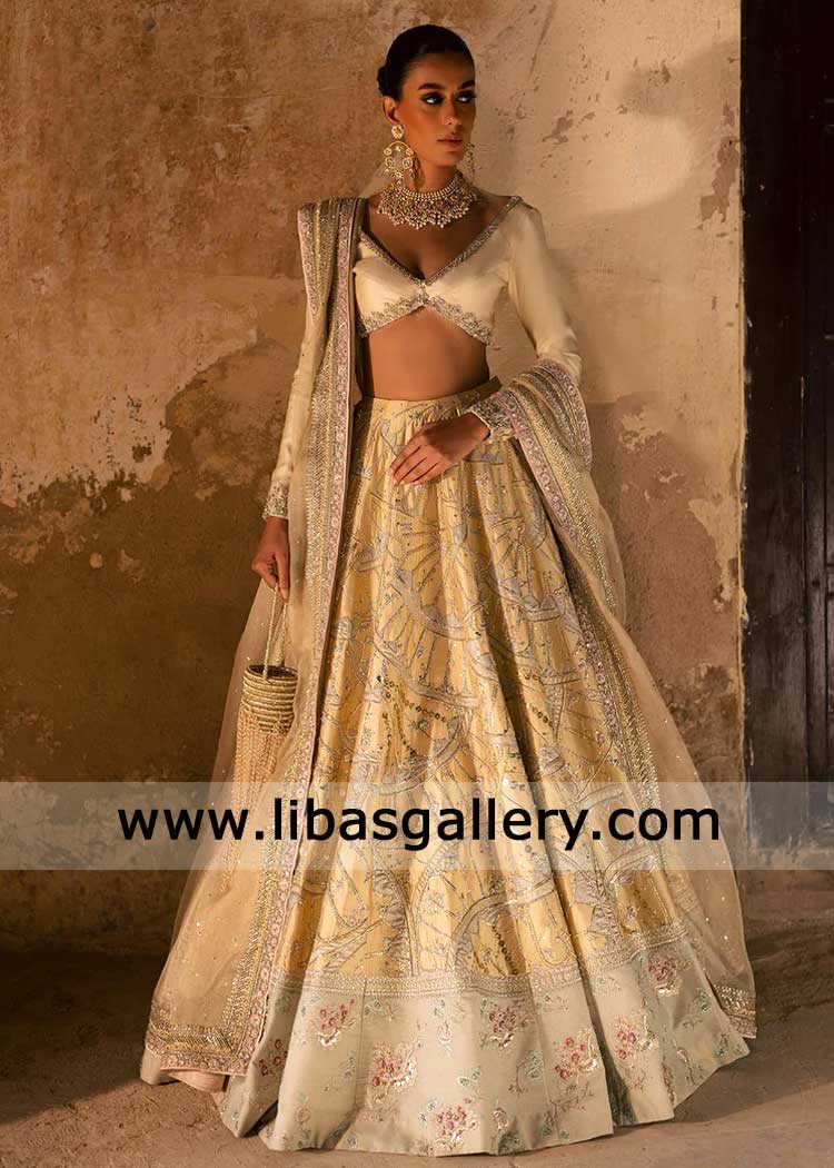 Bridal lehenga in Butter yellow with light yellow Choli and Dupatta adorned with geometric floral pattern hand embroidery Austin Perth Dubai