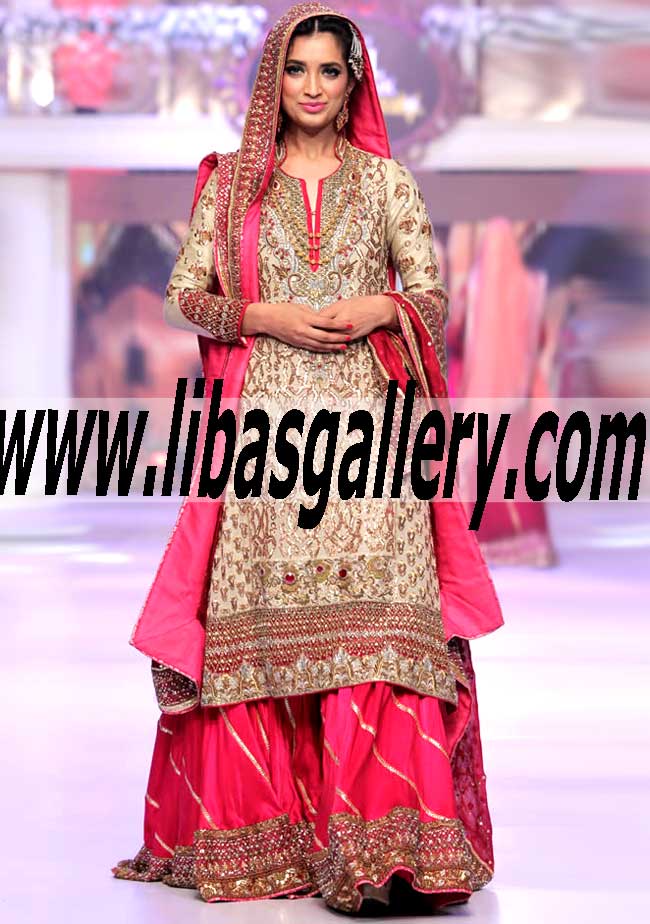 Ayesha Ibrahim Gorgeous Pakistani wedding gharara, bridal gharara, Indian gharara and traditional lucknow gharara at Telenor Bridal Couture Week 2015 Oak Tree Road New York NY USA