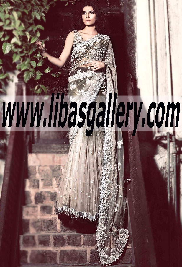 Elan by Khadijah Shah Bridal Saree Dress Luxurious Bridal Saree Dresses with Heavy Embellishment Elan new Saree dresses from the Collection 2015 in Illinois, Virginia, Florida and Pennsylvania, USA