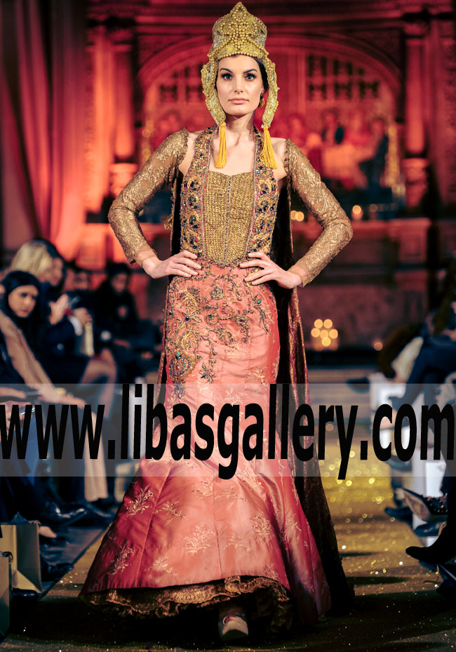 Traditional Rose Pink Bridal Outfit For Wedding Traditional Bridal Collection Showcased by Designer Nilofer Shahid at Fashion Parade London