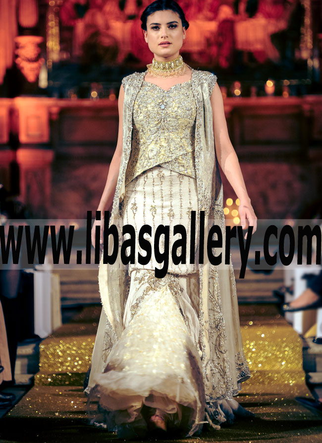 South Asian Ash White Bridal Suit with Embellished Lehenga Pakistani Nilofer Shahid Represents Bridal Outfit at Fashion Parade London 2017