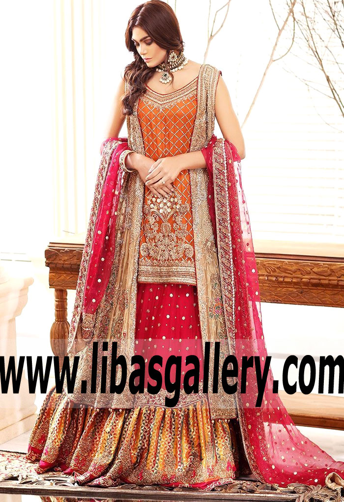 Aisha Imran Bridal Gharara Suits Zantedeschia Red Charm Bridal Gharara Outfits Houston Texas TX USA