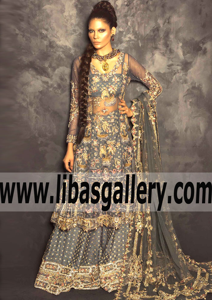 Trendiest Pakistani Bridal Sharara Oak Tree Road New York USA Bridal Dresses wide-leg jamawar Sharara for Wedding Reception and Special Occasions