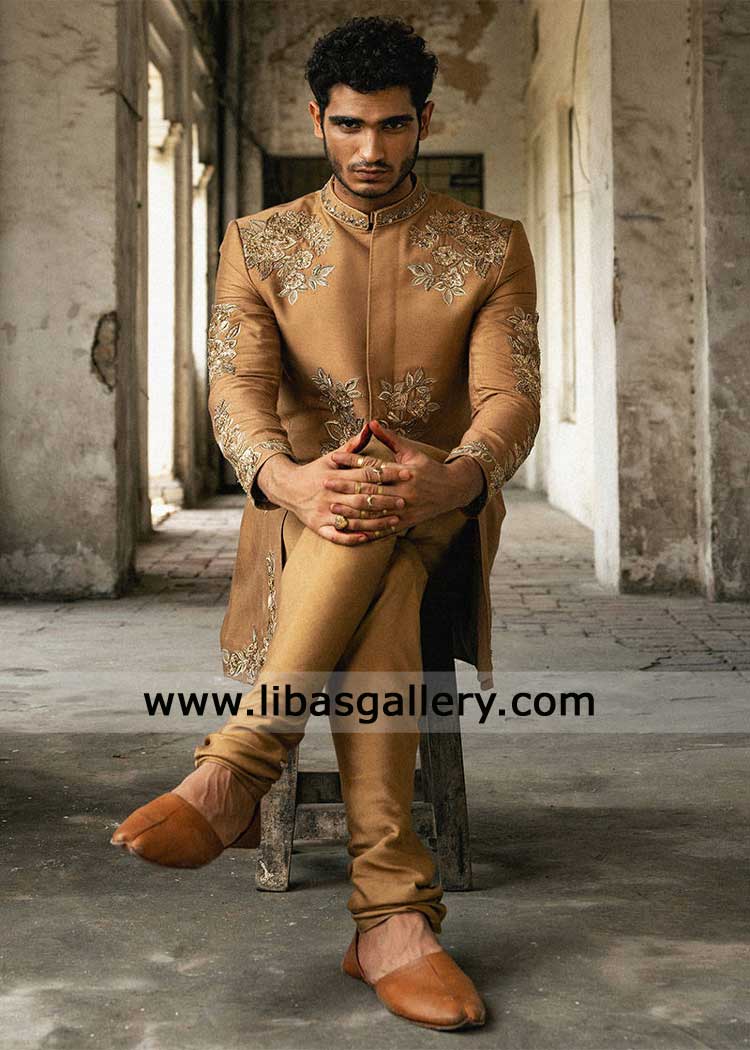 Camel brown Groom Wedding Sherwani | Pakistani silk Embroidered Sherwani | khaki brown wedding sherwani with inner Camel brown Groom Wedding Sherwani | Pakistani silk Embroidered Sherwani | khaki brown wedding sherwani with inner