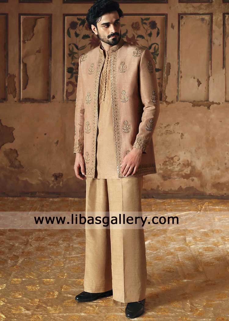 Camel open short length soft fabric groom wedding sherwani on beige tone with Antique gold hand work paired inner suit Virginia Arizona Florida USA Camel open short length soft fabric groom wedding sherwani on beige tone with Antique gold hand work paired inner suit Virginia Arizona Florida USA
