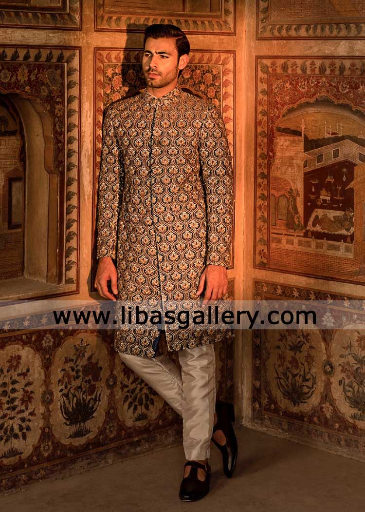 Damask Carpet Pattern Luxury Groom Hand embellished Wedding Sherwani for Nikah Barat with Inner Suit Montgomery George Town Colorado USA