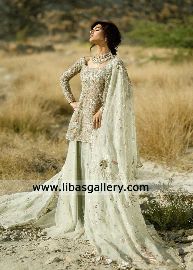 Celadon Green Couture Bridal Ensemble – Hand Embellished Short Shirt & Lehenga for wedding