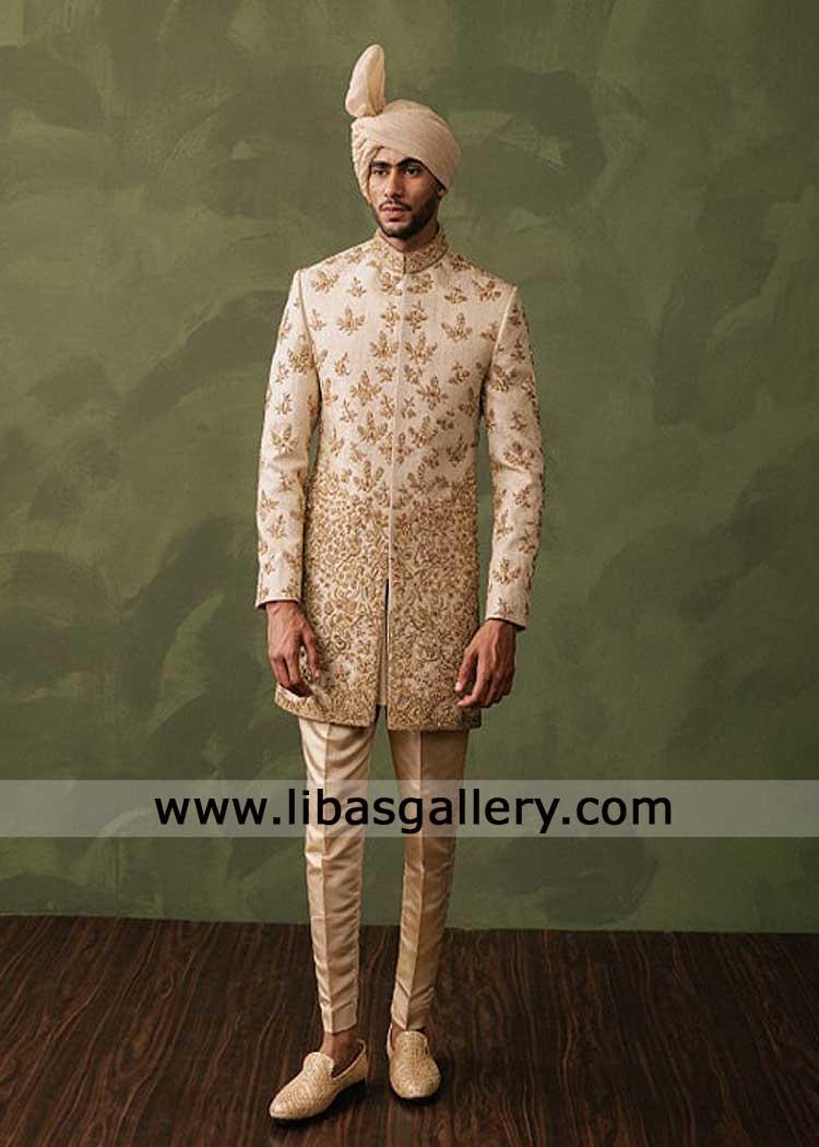 champagne gold jacquard embroidered groom wedding sherwani with matching turban inner and band collar New York city Birmingham Dubai champagne gold jacquard embroidered groom wedding sherwani with matching turban inner and band collar New York city Birmingham Dubai