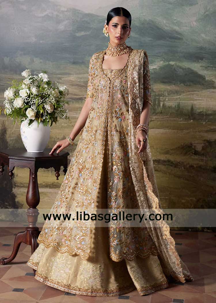 Pakistani Champagne gold bridal peshwas with lehenga Denver USA Pakistani Champagne gold bridal peshwas with lehenga Denver USA