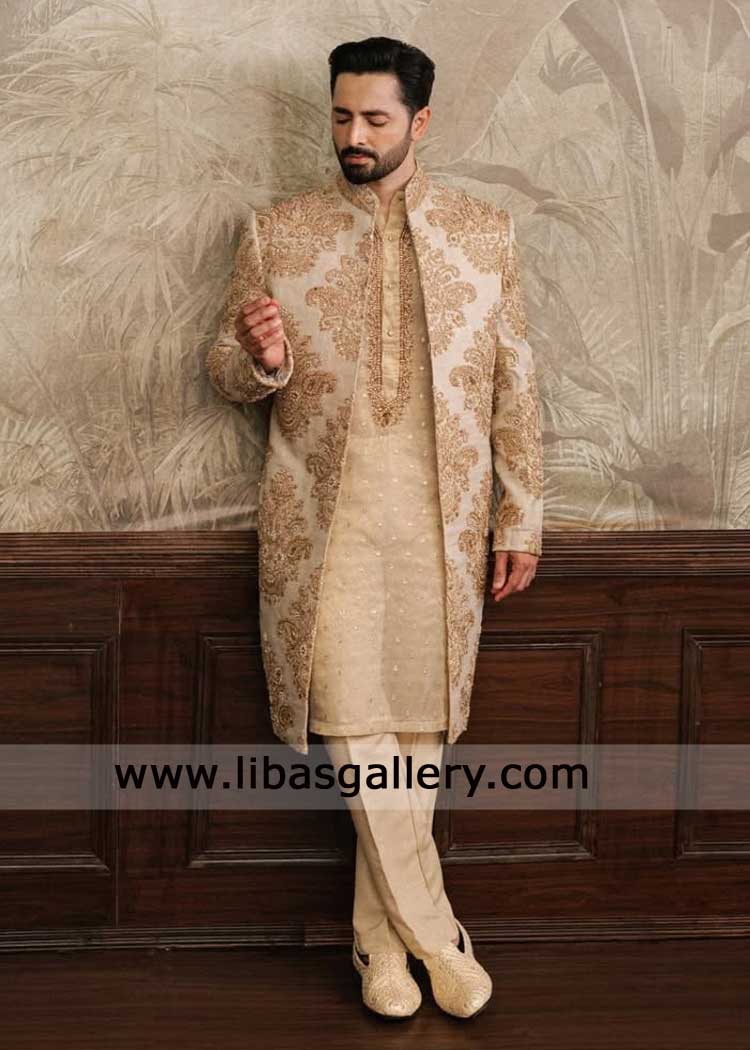Champagne gold groom wedding sherwani mughal era floral embroidery with sequins hand work with inner and shoes Mississippi Montreal Dubai Perth Champagne gold groom wedding sherwani mughal era floral embroidery with sequins hand work with inner and shoes Mississippi Montreal Dubai Perth