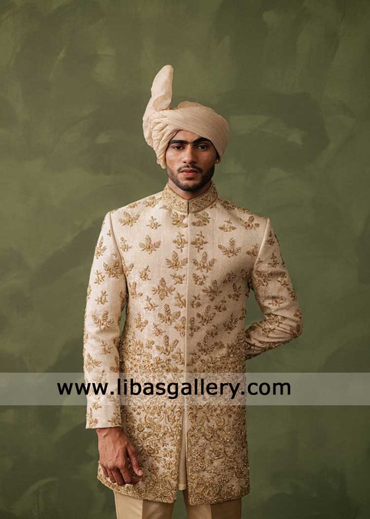 groom luxury champagne wedding turban for royal presence among guests on Nikah buy Pakistani turban from USA UK Dubai Canada Australia,